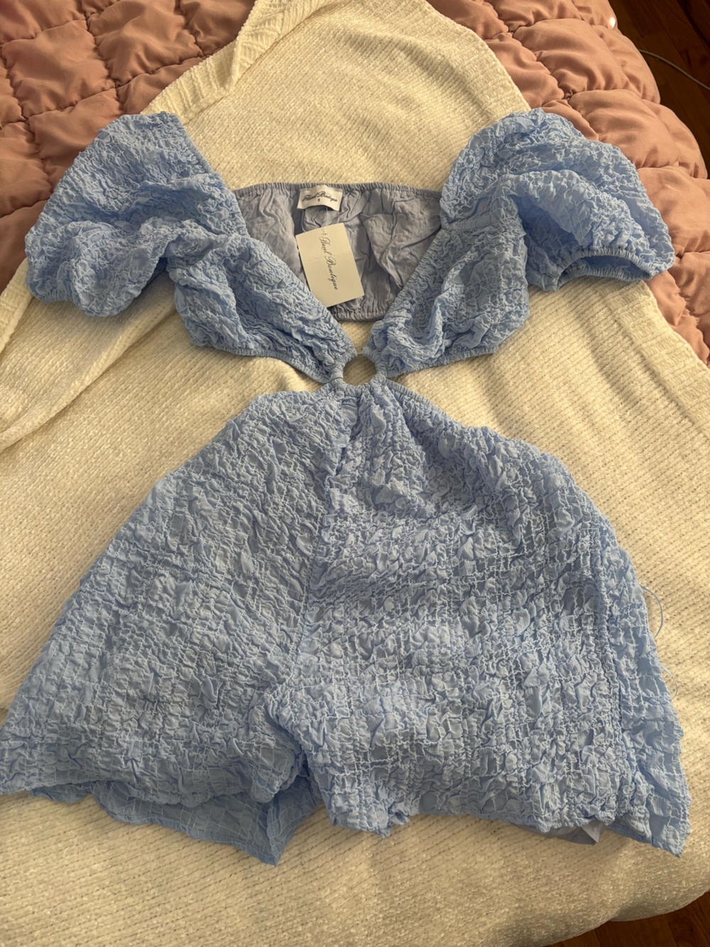 Light Blue Textured Tie-Front Women’s Romper